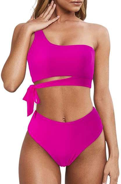 MOOSLOVER Women One Shoulder High Waisted Bikini Tie High Cut Two Piece Swimsuits Apparel & Accessories > Clothing > Swimwear MOOSLOVER Rose Red Medium 