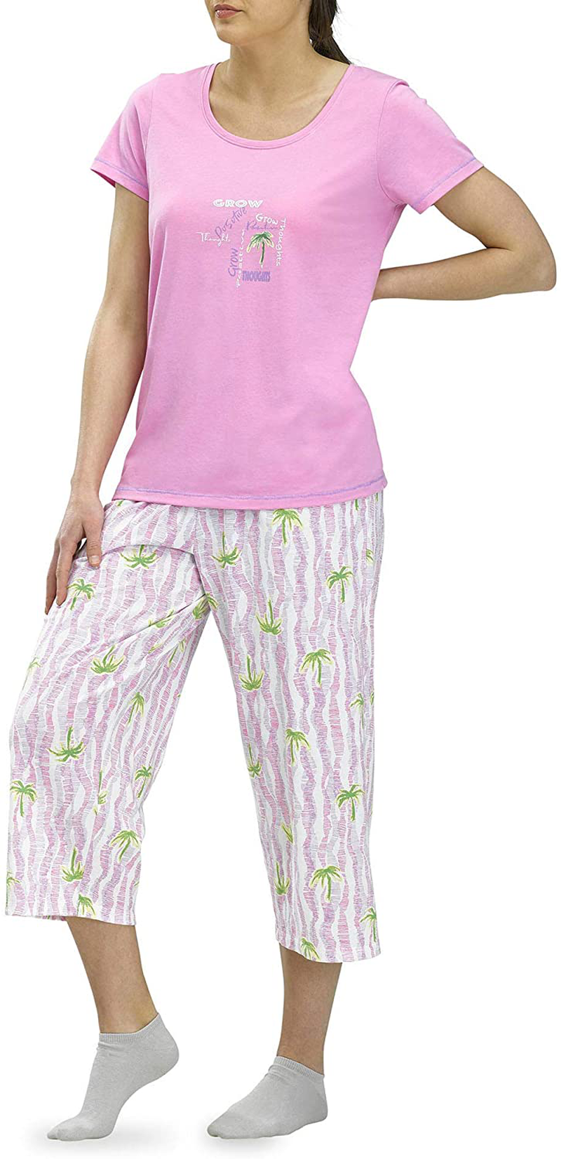 Hue Printed Knit Short Sleeve Tee and Capri 2 Piece Pajama Set Sleepwear Apparel & Accessories > Clothing > Sleepwear & Loungewear > Pajamas HUE Fuchsia Pink - Positive Thoughts X-Large 
