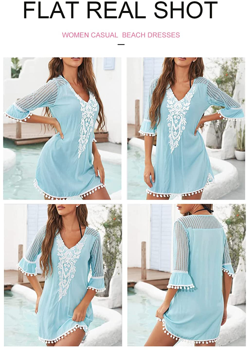 BLENCOT Women'S Crochet Chiffon Tassel Swimsuit Bikini Pom Pom Trim Swimwear Beach Cover Up Apparel & Accessories > Clothing > Swimwear Kylie Max   