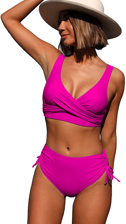 Beachsissi High Waisted Bikini Twist Front Tie Back 2 Piece Swimsuit Solid Color Apparel & Accessories > Clothing > Swimwear Beachsissi Hot Pink X-Large 
