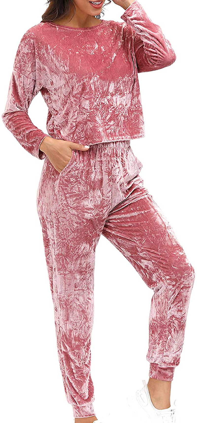 Velvet Lounge Set For Women - Wrinkle Solid Two Piece Loungewear Pajamas Tracksuit Sets Apparel & Accessories > Clothing > Sleepwear & Loungewear > Pajamas Lexiart   