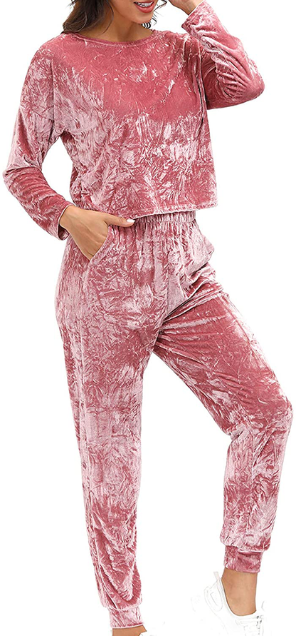 Velvet Lounge Set For Women - Wrinkle Solid Two Piece Loungewear Pajamas Tracksuit Sets Apparel & Accessories > Clothing > Sleepwear & Loungewear > Pajamas Lexiart   