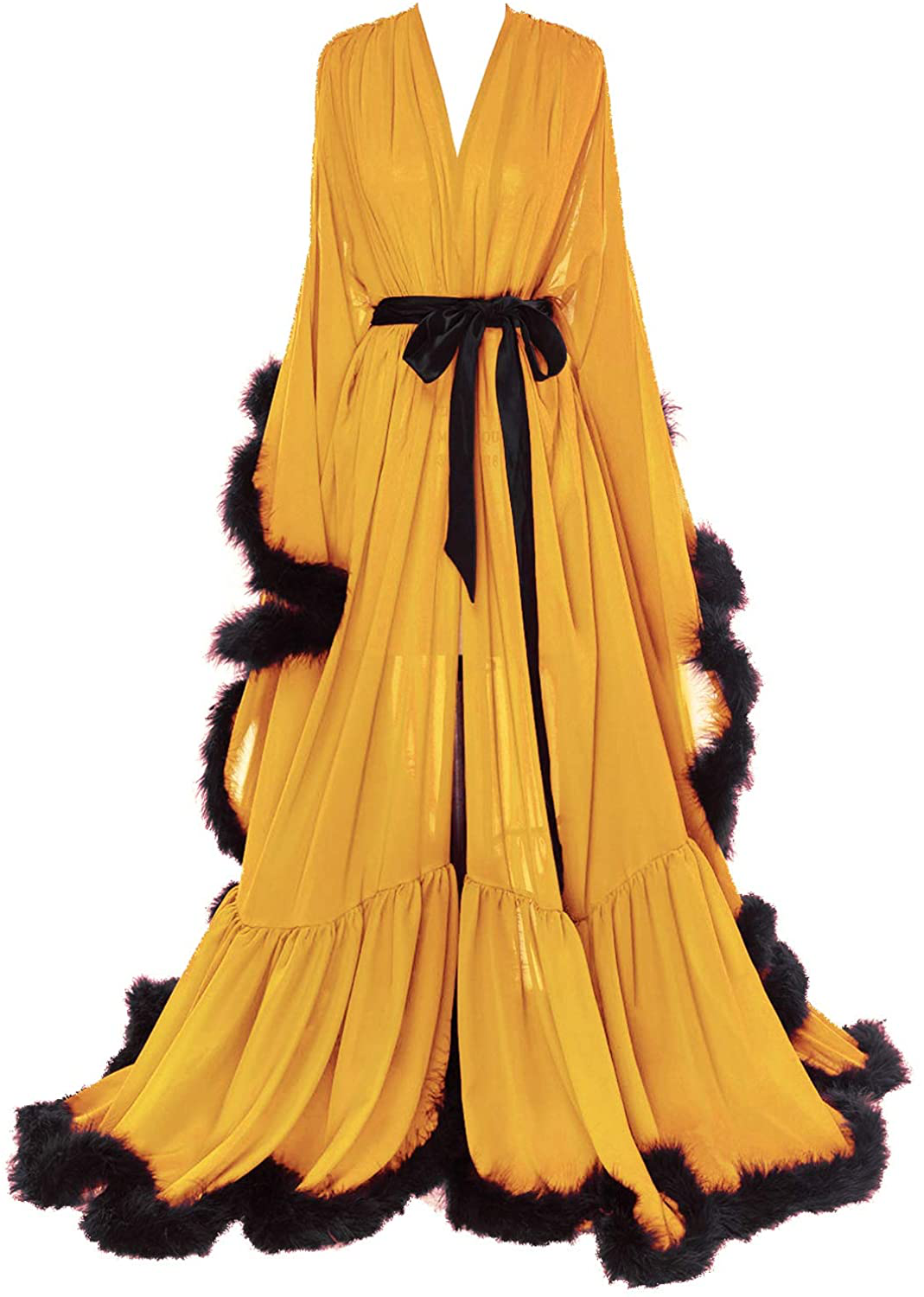 Molisa Women'S Sexy Feather Bridal Robe Long Wedding Scarf Illusion Bathrobe Sleepwear Lingerie Robe Nightgown Apparel & Accessories > Clothing > Sleepwear & Loungewear > Robes Molisa Gold+black 3X-Large 
