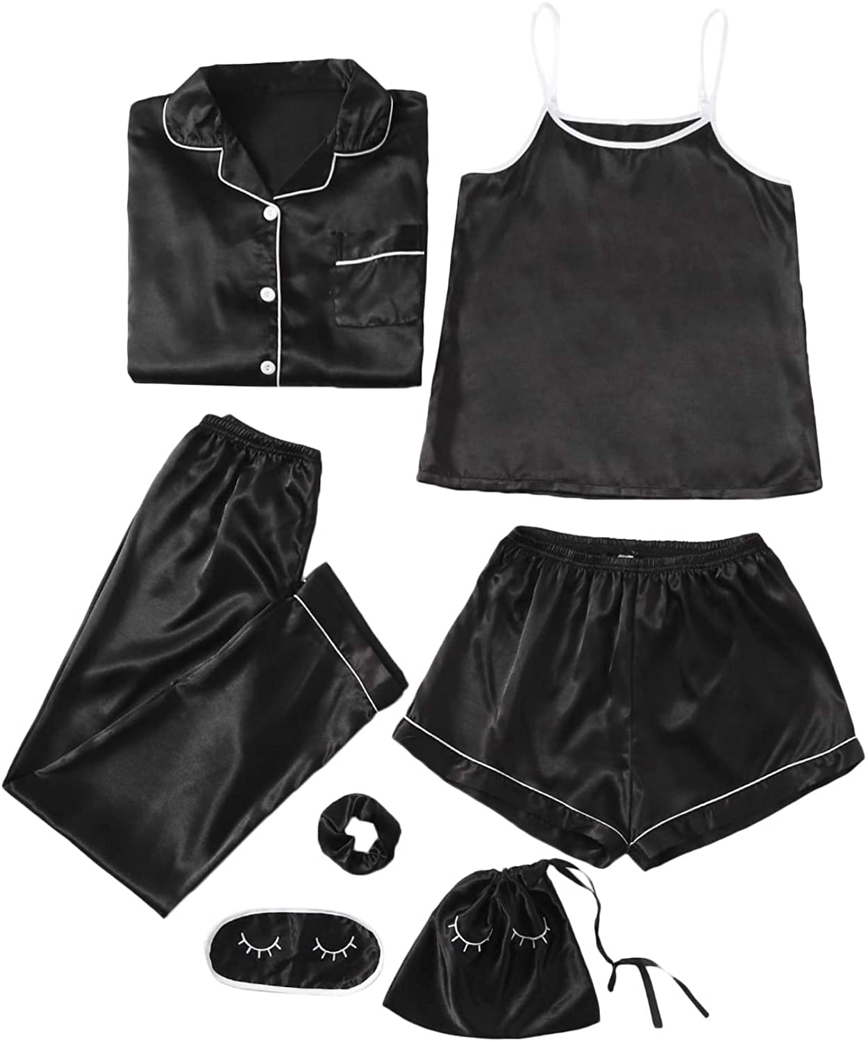 SheIn Women's 7pcs Pajama Set Cami Pjs with Shirt and Eye Mask Apparel & Accessories > Clothing > Sleepwear & Loungewear > Pajamas SheIn Solid Black Large 