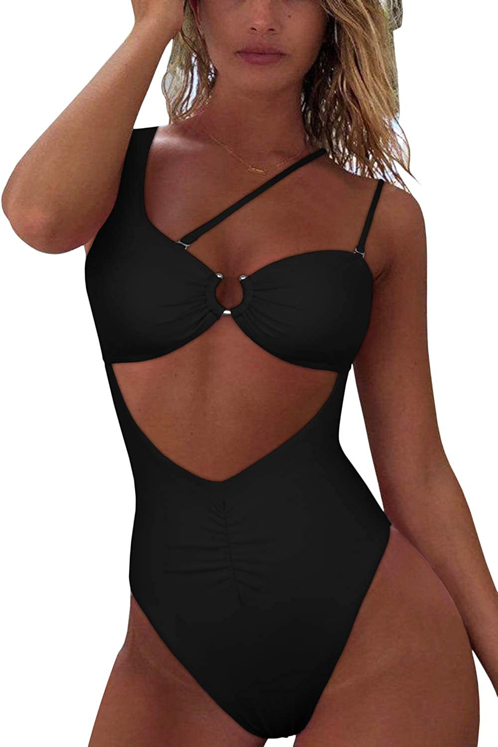 QINSEN Womens One Shoulder Cutout Ruched Back High Cut Monokini One Piece Swimsuit Apparel & Accessories > Clothing > Swimwear Kylie Max   