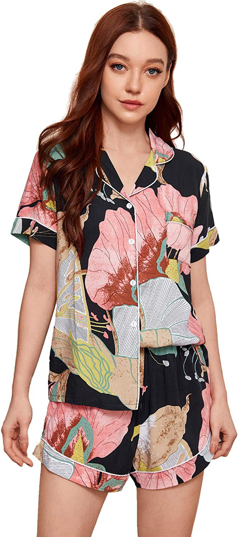 Floerns Women's Notch Collar Palm Leaf Print Sleepwear Two Piece Pajama Set Apparel & Accessories > Clothing > Sleepwear & Loungewear > Pajamas Floerns Black Pink Small 