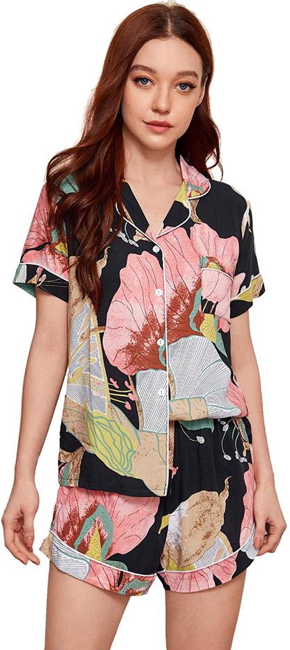 Floerns Women's Notch Collar Palm Leaf Print Sleepwear Two Piece Pajama Set Apparel & Accessories > Clothing > Sleepwear & Loungewear > Pajamas Floerns Black Pink Small 