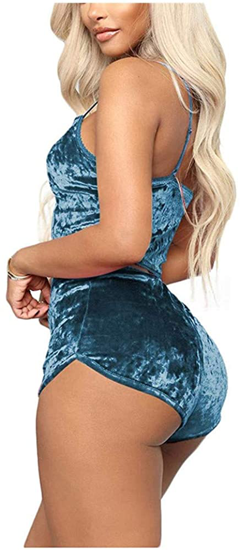 Women Sexy Velvet 2 Piece Outfit Spaghetti Strap Leopard Tie Dye Cami Crop Top + Shorts Bottom Sleepwear Pajama Set Nightwear Apparel & Accessories > Clothing > Sleepwear & Loungewear Kylie Max   