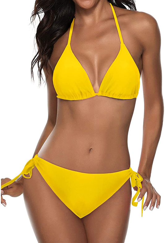 Tempt Me Women Two Piece Halter Padded Top Tie Side Bottom Triangle Bikini Bathing Suit Apparel & Accessories > Clothing > Swimwear KYLIE MAX Deep Yellow Medium 