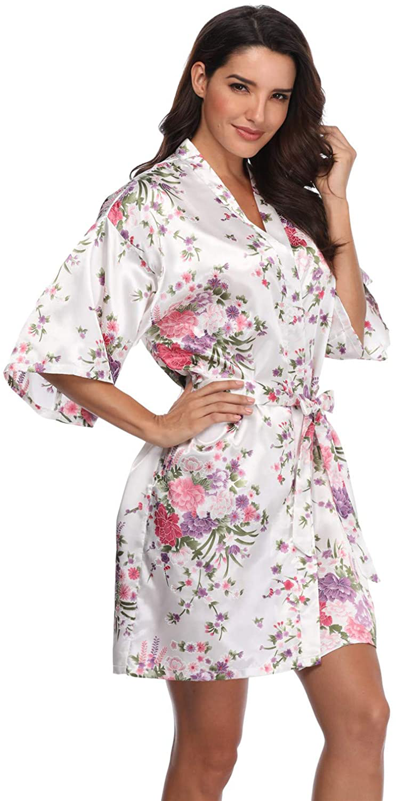 Women'S Floral Short Satin Bridesmaid Robes Silky Bride Robes Getting Ready Apparel & Accessories > Clothing > Sleepwear & Loungewear > Robes Super Shopping-zone White Floral Large 