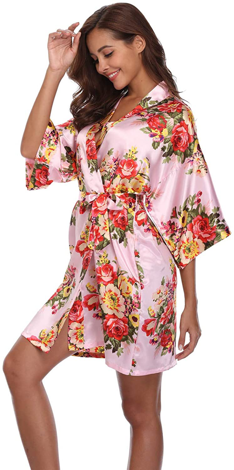 Women'S Floral Satin Kimono Robes Short Bridesmaid Robes for Wedding Party Apparel & Accessories > Clothing > Sleepwear & Loungewear > Robes Super Shopping-zone Pink With Pockets Medium 