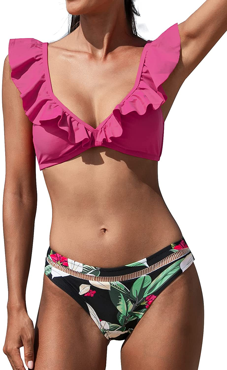 CUPSHE Women's Orange Floral Bottom Ruffle Hook Closure Bikini Set Apparel & Accessories > Clothing > Swimwear CUPSHE Magenta Floral X-Small 