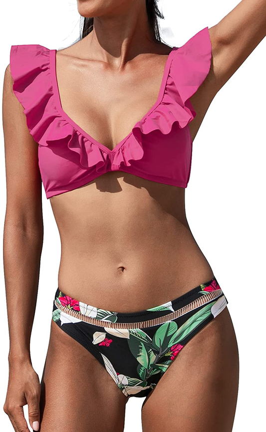 CUPSHE Women's Orange Floral Bottom Ruffle Hook Closure Bikini Set Apparel & Accessories > Clothing > Swimwear CUPSHE Magenta Floral X-Small 