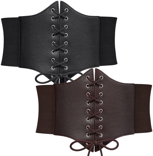 WERFORU Women Corset Elastic Belt Wide Vintage Lace-Up Tied Costume Waspie Waist Belt Halloween Valentine Apparel & Accessories > Clothing Accessories > Belts WERFORU Black+coffee Suit Waist Size 48"-53" 