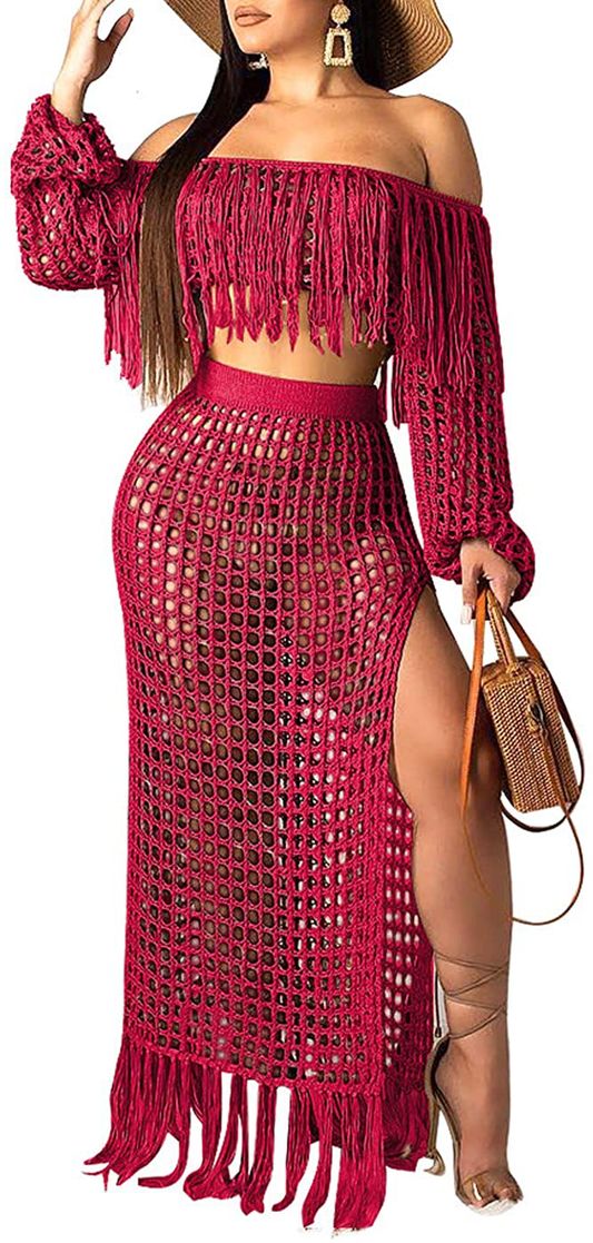 Women Sexy Tassels Hollow Out 2 Piece Outfits See through off Shoulder Crop Top and Split Maxi Dress Set Bikini Cover Up Apparel & Accessories > Clothing > Swimwear Kylie Max   
