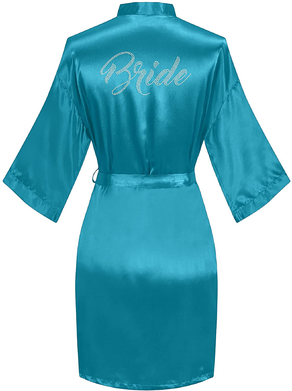 Sunshinemall Women'S Satin Kimono Robes with Rhinestones Bride Bridesmaid Short Sleepwear Wedding Dressing Gown Apparel & Accessories > Clothing > Sleepwear & Loungewear > Robes sunshinemall Bride-teal Small-Medium 