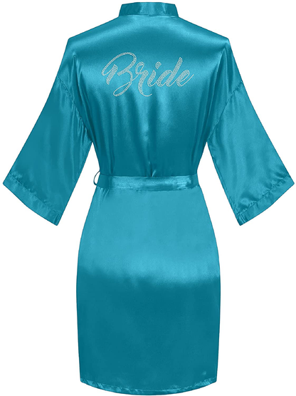 Sunshinemall Women'S Satin Kimono Robes with Rhinestones Bride Bridesmaid Short Sleepwear Wedding Dressing Gown Apparel & Accessories > Clothing > Sleepwear & Loungewear > Robes sunshinemall Bride-teal Small-Medium 