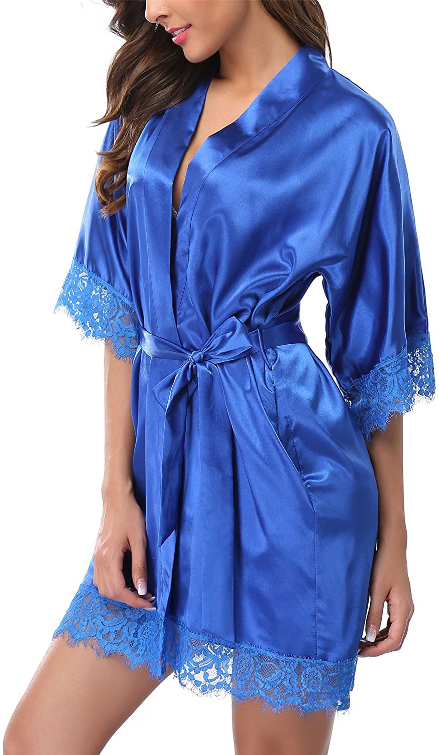 Giova Women'S Lace Trim Kimono Robe Bride Bridesmaids Wedding Shower Satin Short Robe Apparel & Accessories > Clothing > Sleepwear & Loungewear > Robes Giova Royal Blue Medium 