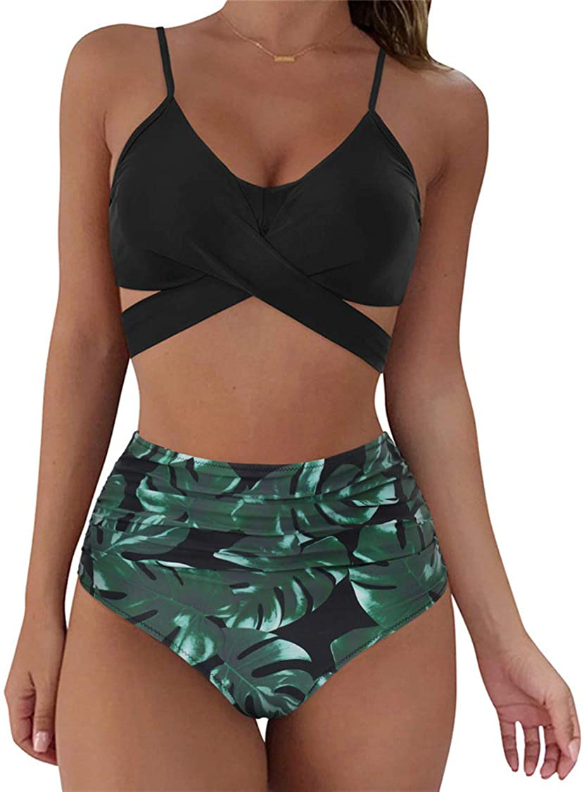 SUUKSESS Women Wrap Bikini Set Push Up High Waisted 2 Piece Swimsuits Apparel & Accessories > Clothing > Swimwear SUUKSESS 2-87 Black Leaves 8-10 