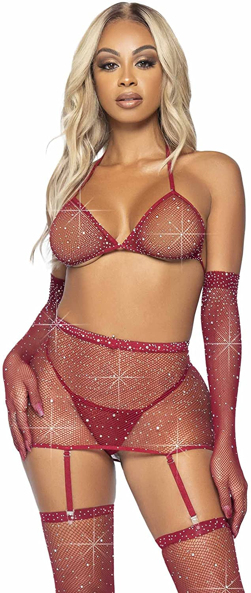 Leg Avenue Womens 5 Pc Rhinestone Fishnet Garter Skirt Set with Bikini Top, G-String, Gloves, and Matching Stockings Apparel & Accessories > Clothing > Underwear & Socks > Lingerie Leg Avenue Burgundy One Size 