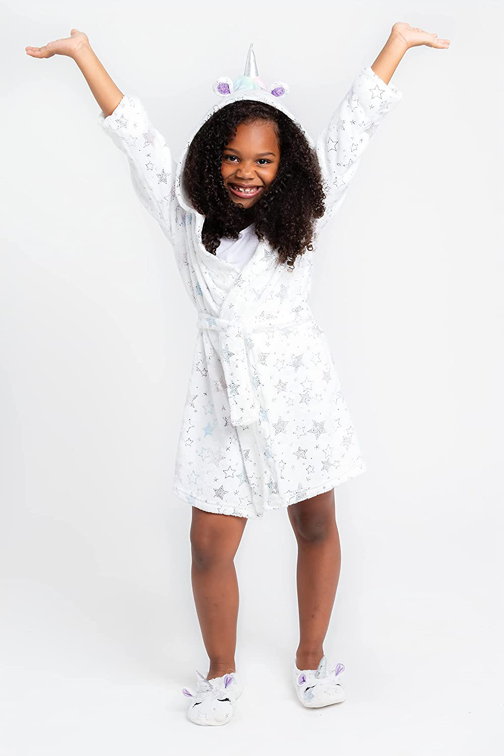 Hooded Terry Robe with Slippers Set for Girls, Unicorn Heart Plush Fleece Robe and Matching Slip-Ons Apparel & Accessories > Clothing > Sleepwear & Loungewear > Robes Kylie Max   