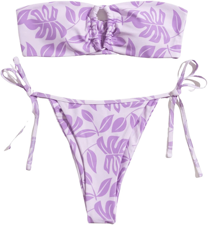 SOLY HUX Women's Floral Print Tie Front Bikini Bathing Suit 2 Piece Swimsuits Apparel & Accessories > Clothing > Swimwear KYLIE MAX Lilac Purple Large 