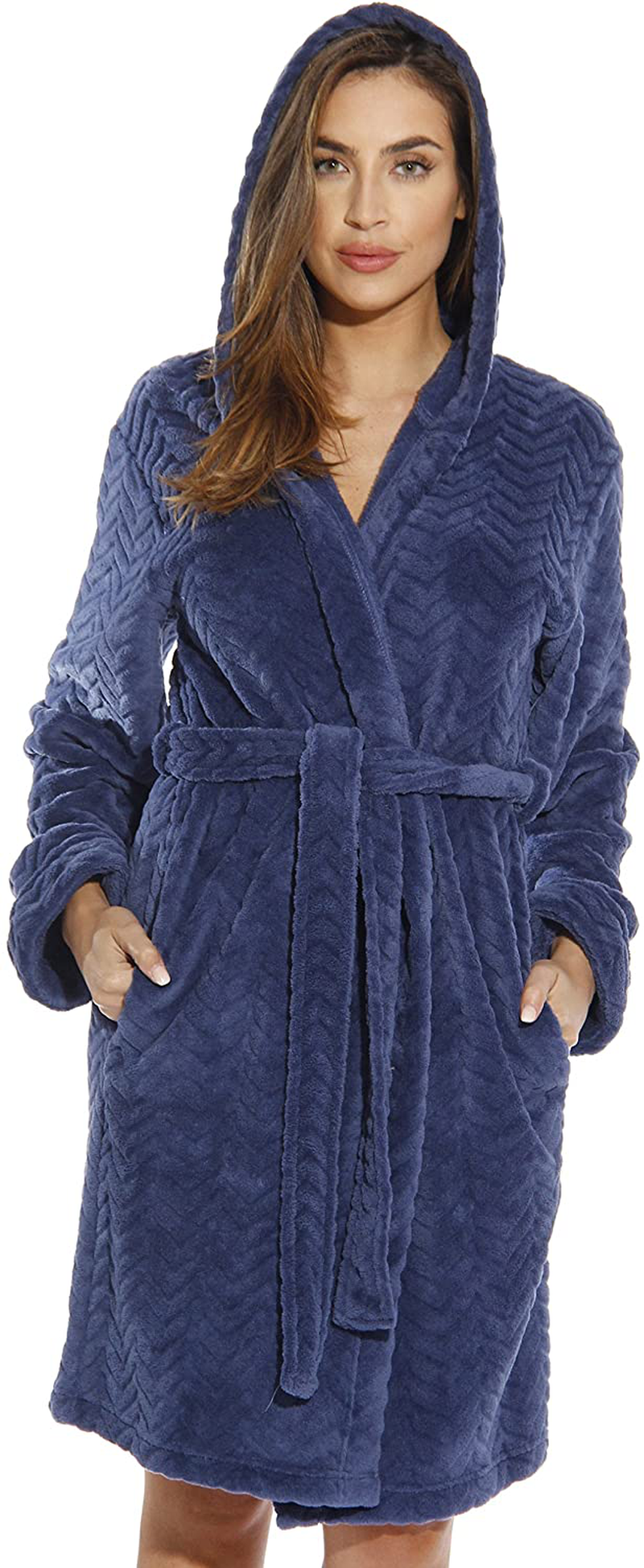Just Love Kimono Robe Velour Chevron Texture Bath Robes for Women Apparel & Accessories > Clothing > Sleepwear & Loungewear > Robes Just Love Navy With Hood Medium 