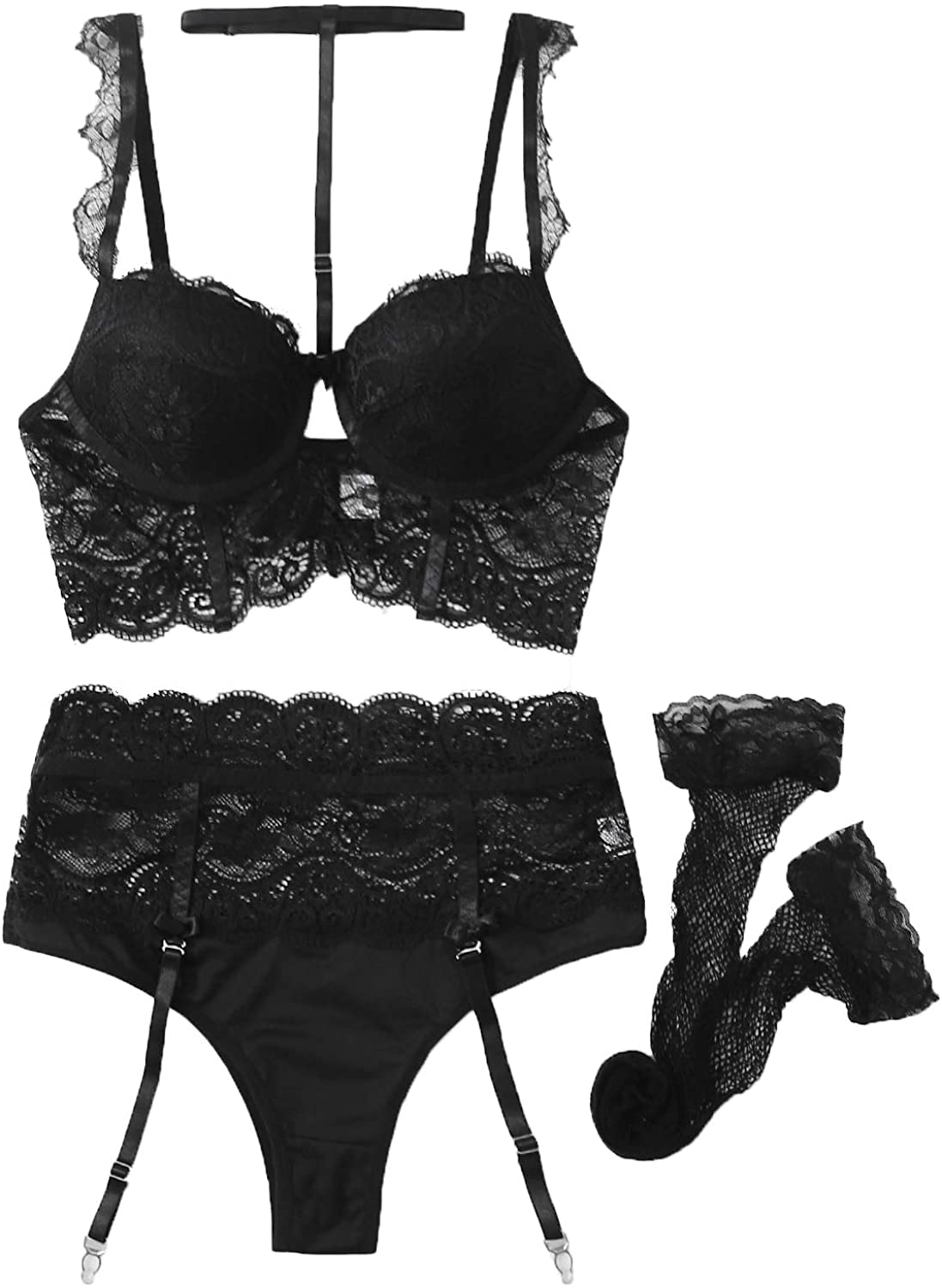 Shein Women'S Floral Lace Underwire Bras Lingerie with Garter Belt and Stockings Sets Apparel & Accessories > Clothing > Underwear & Socks > Lingerie SheIn Black Small 