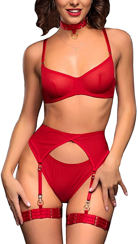 Kaei&Shi Sheer Mesh,Underwire Bra,Thong,5 Pieces,Garter Lingerie for Women Apparel & Accessories > Clothing > Underwear & Socks > Lingerie Kaei&Shi Red 2-4 