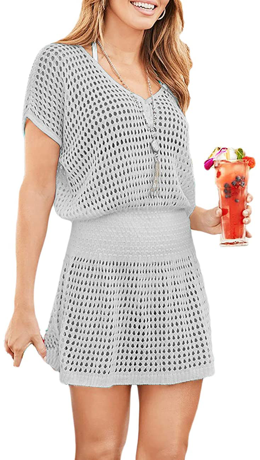 Bsubseach Women Crochet Hollow Out Swim Cover Ups Short Sleeve Beach Swimwear Tunic Dress Apparel & Accessories > Clothing > Swimwear Kylie Max   