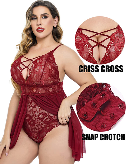Avidlove plus Size Babydoll Womens Snap Crotch Lingerie V Neck Lace Nighty Mesh Sleepwear L-5XL Apparel & Accessories > Clothing > Underwear & Socks > Lingerie Kylie Max   