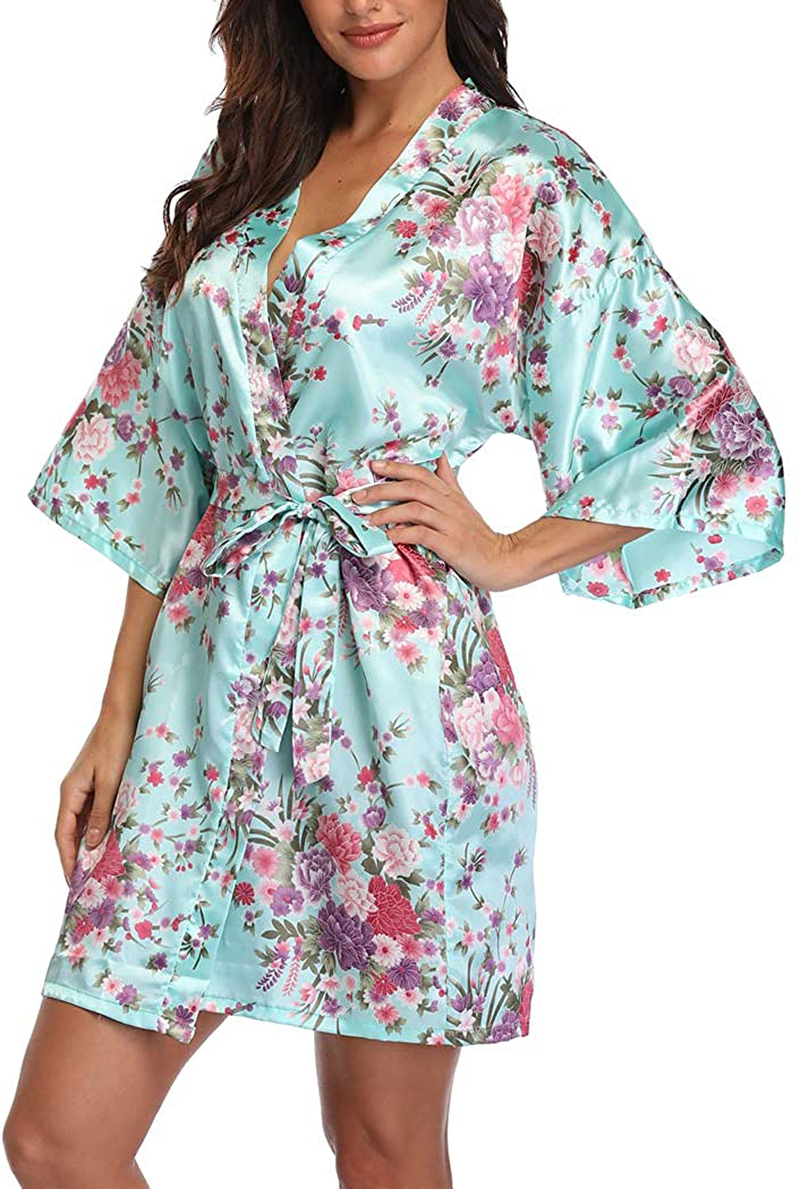 VOGMATE Women'S Floral Satin Short Robe for Bridesmaid Bride Silk Kimono Robe Dressing Gown for Wedding Party Apparel & Accessories > Clothing > Sleepwear & Loungewear > Robes VOGMATE   