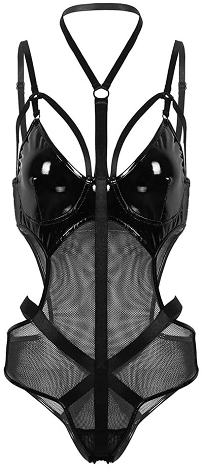 Crubelon Women’s Lingerie Leather Bodysuit Mesh Patchwork Halter Neck High Cut Leotard Bodysuit Clubwear … Apparel & Accessories > Clothing > Underwear & Socks > Lingerie Crubelon Black Large 