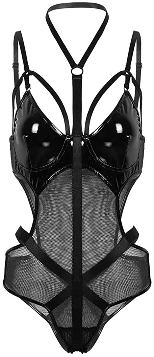 Crubelon Women’s Lingerie Leather Bodysuit Mesh Patchwork Halter Neck High Cut Leotard Bodysuit Clubwear … Apparel & Accessories > Clothing > Underwear & Socks > Lingerie Crubelon Black Large 