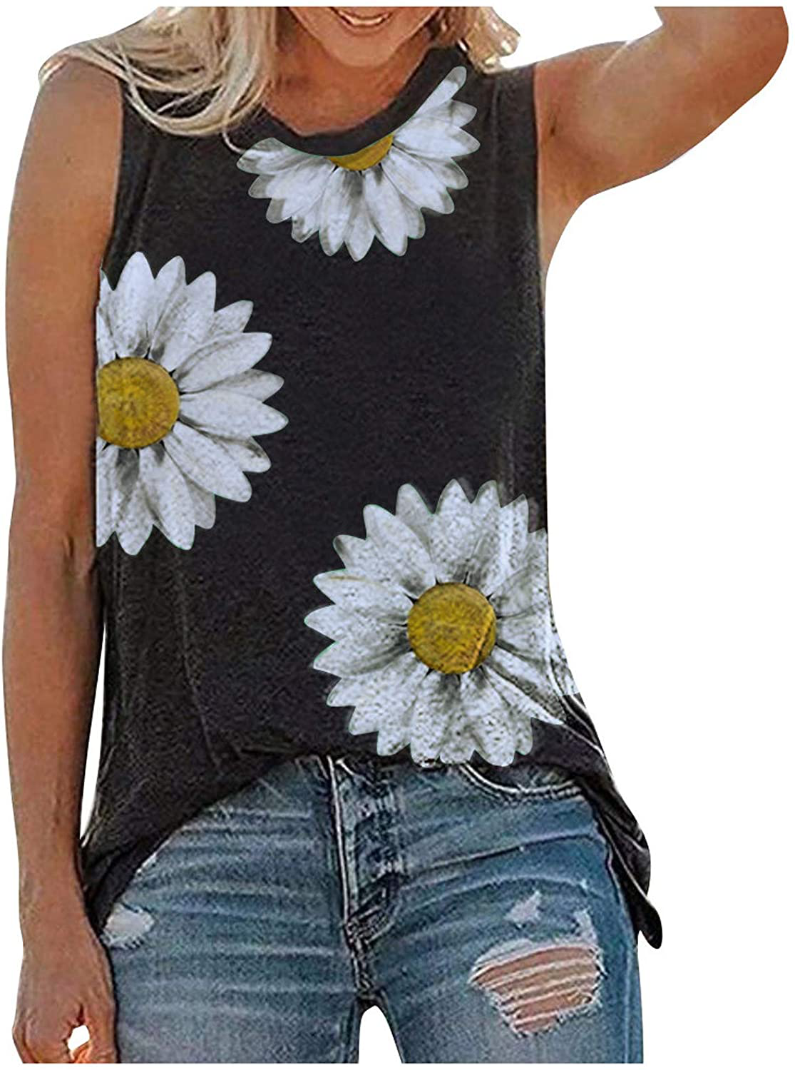 FABIURT Womens Tank Tops, Women Cute Sunflower Printed Vest Tshirt Sleeveless Workout Tunic Loose Casual Summer Tank Top Apparel & Accessories > Clothing > Activewear Kylie Max   