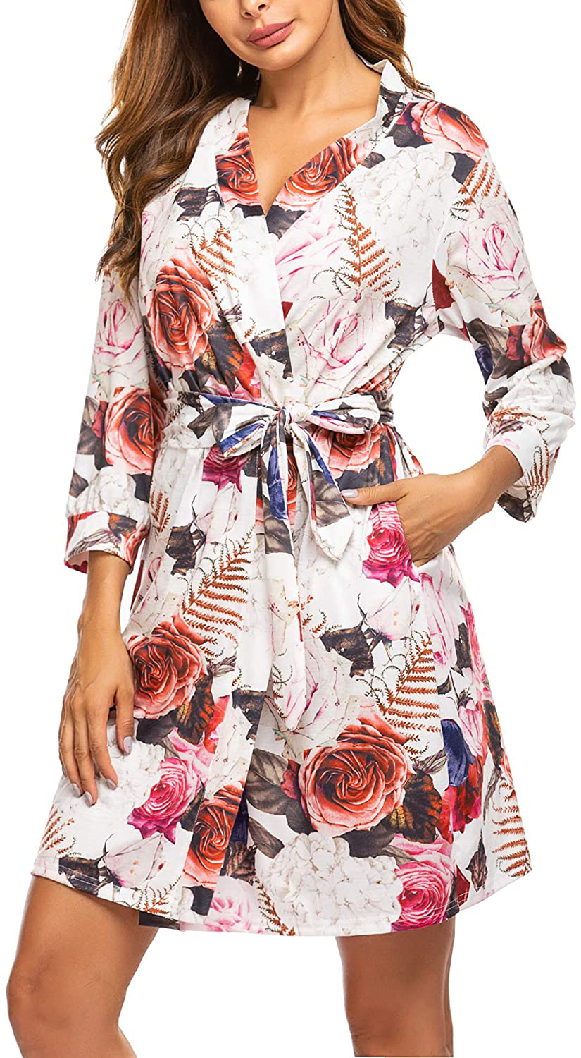 Hotouch Womens Robe Lightweight Kimono Robes Short Knit Bathrobe Soft Sleepwear Ladies Loungewear S-XXL Apparel & Accessories > Clothing > Sleepwear & Loungewear > Robes Hotouch   