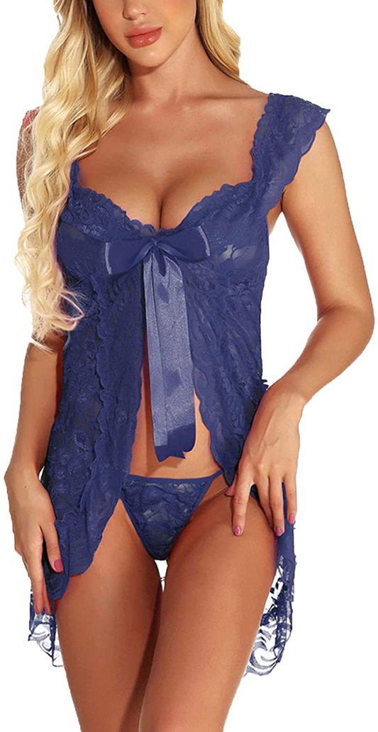 Babydoll Lingerie for Women Pajamas Lace Front Bow Closure Lingerie V Neck Nightwear Sexy Chemise Nightie Apparel & Accessories > Clothing > Underwear & Socks > Lingerie Kylie Max   
