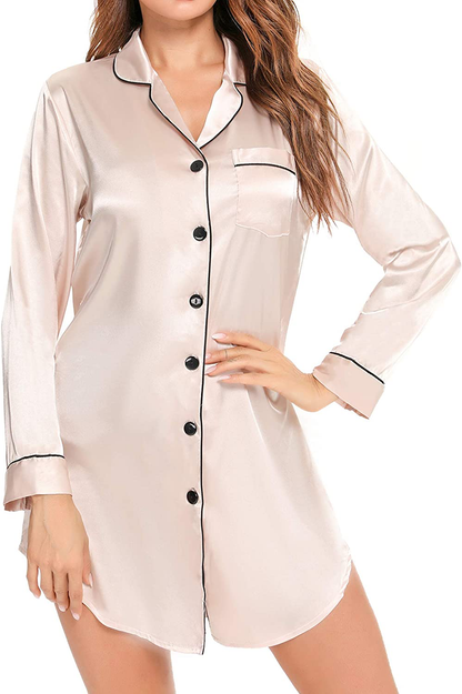 SWOMOG Women'S Satin Sleep Shirt Long Sleeve Sleepwear Silk Nightshirt Button down Pajama Top Apparel & Accessories > Clothing > Sleepwear & Loungewear > Nightgowns Kylie Max   
