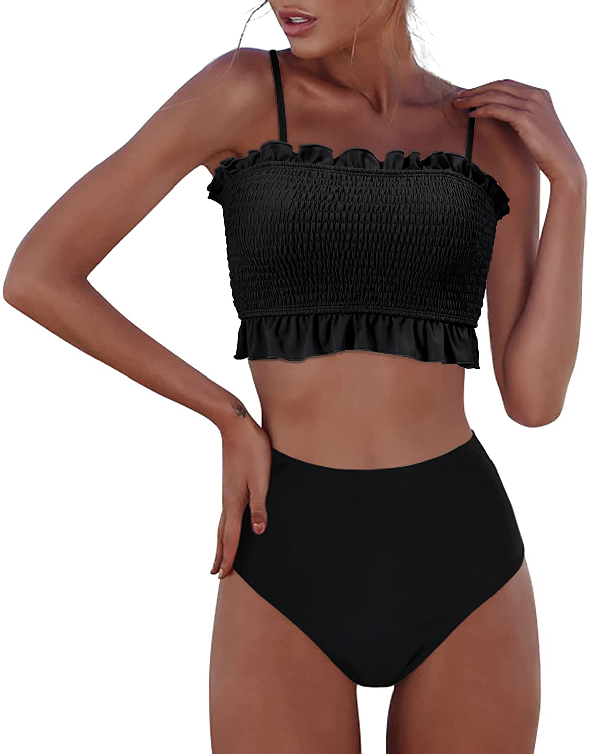 RXRXCOCO Womens Shirred Bandeau Bikini Cute Two Piece Swimsuit Off Shoulder High Waist Bathing Suit Apparel & Accessories > Clothing > Swimwear RXRXCOCO Black-5 Medium 