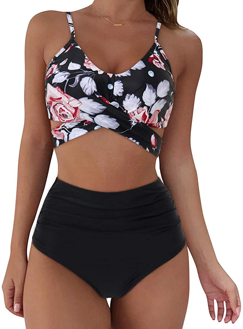 SUUKSESS Women Wrap Bikini Set Push Up High Waisted 2 Piece Swimsuits Apparel & Accessories > Clothing > Swimwear SUUKSESS 2-87 Floral Black 12-14 