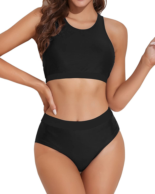 Tempt Me Women High Waisted Bikini High Neck Crop Top Two Piece Swimsuits Tummy Control Sporty Bathing Suits with Bottom Apparel & Accessories > Clothing > Swimwear Kylie Max Black Medium 