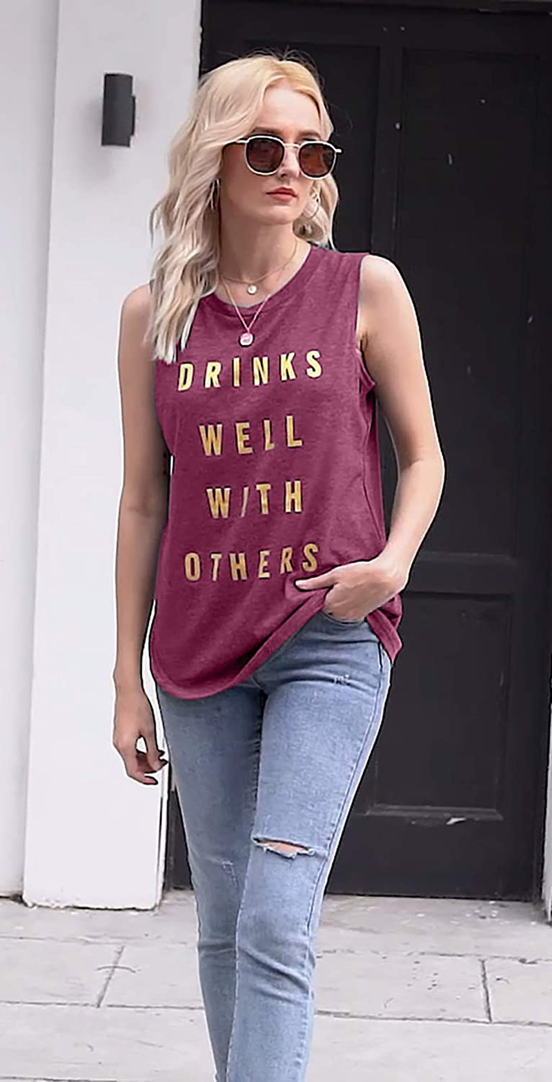 Drinks Well with Others Muscle Tank Tops Womens Funny Drinking Alcohol Sleeveless Letter Printed Graphic Tee Shirt Tops Apparel & Accessories > Clothing > Activewear Kylie Max   