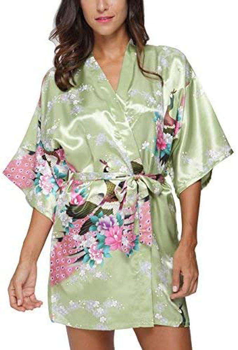 Original Kimono Women'S Short Satin Kimono Robe Floral Peacock Patterned Bathrobe Silky Bridal Nightwear Apparel & Accessories > Clothing > Sleepwear & Loungewear > Robes Original Kimono Light Green Medium 