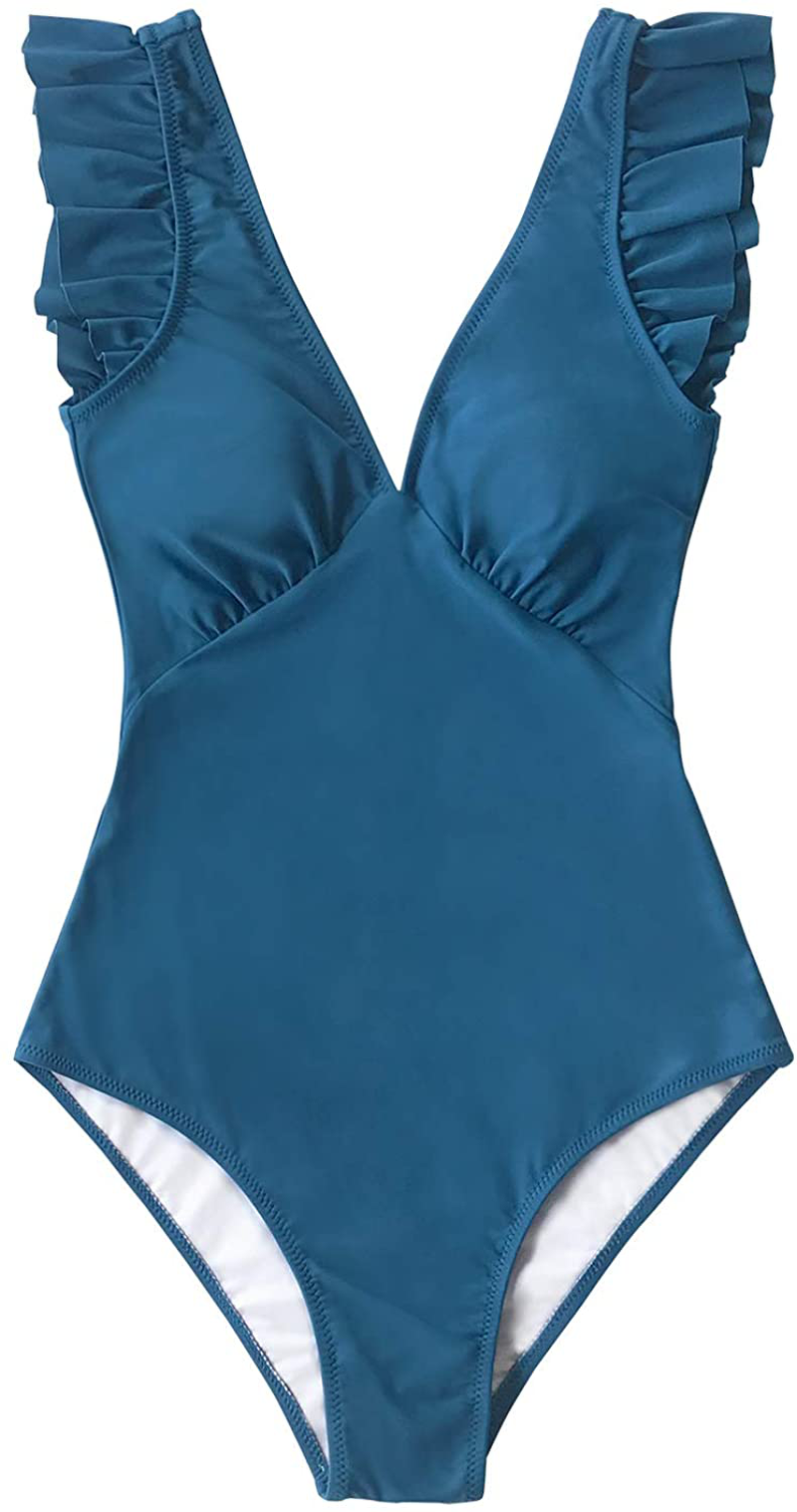 CUPSHE Women'S One Piece Swimsuit V Neck Ruched Ruffle Shoulder Swimwear Bathing Suits Apparel & Accessories > Clothing > Swimwear Kylie Max   