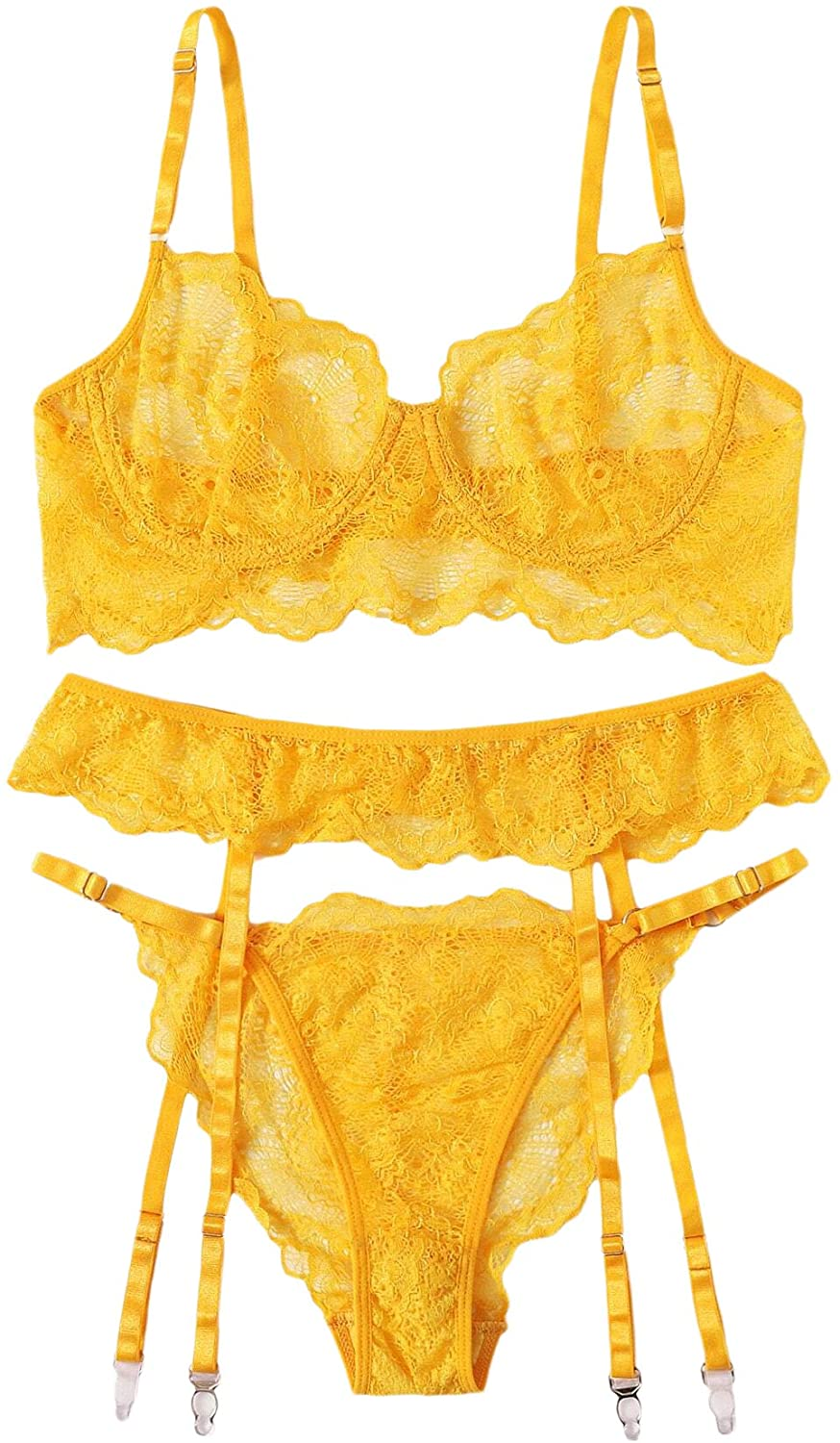 Shein Women'S 3 Piece Floral Lace Lingerie Set with Garter Belts Sexy Bra and Panty Apparel & Accessories > Clothing > Underwear & Socks > Lingerie SheIn   