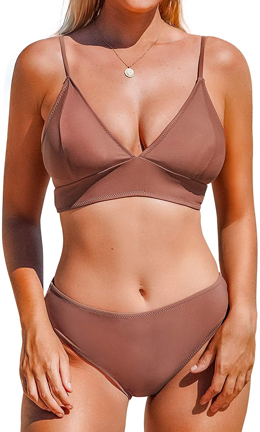 CUPSHE Women's Bikini Triangle Sexy Solid Two Piece Bathing Suit Apparel & Accessories > Clothing > Swimwear CUPSHE Rustic Brown Large 