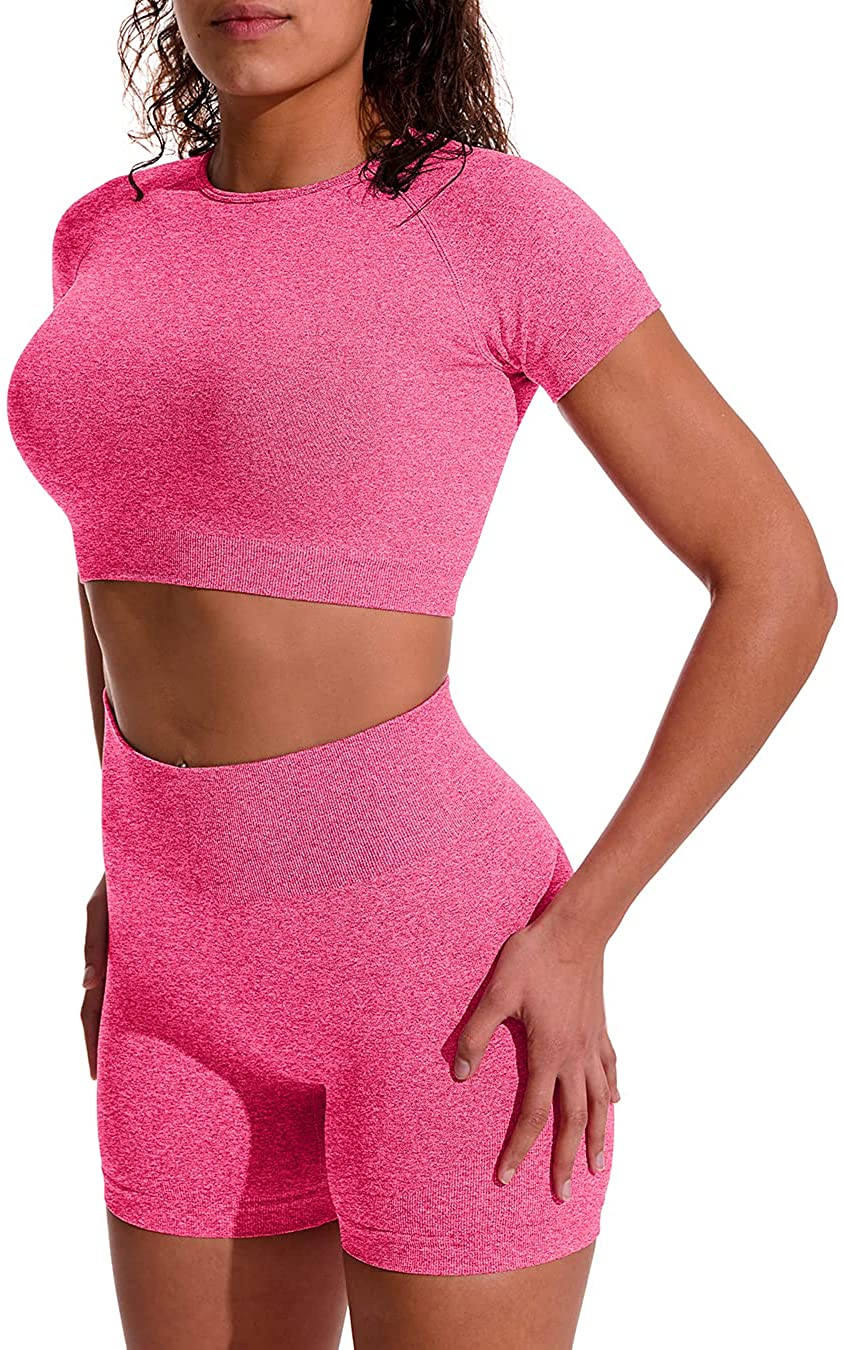 OYS Women'S Yoga 2 Piece Outfits Workout Running Crop Top Seamless High Waist Sports Shorts Sets Apparel & Accessories > Clothing > Underwear & Socks > Lingerie OYS 1#rose Large 