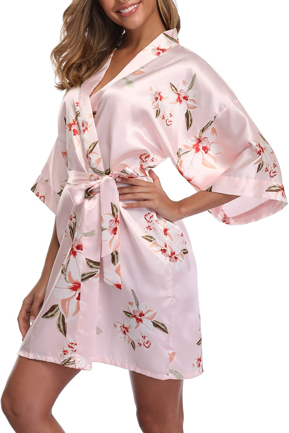 VOGMATE Women'S Floral Satin Short Robe for Bridesmaid Bride Silk Kimono Robe Dressing Gown for Wedding Party Apparel & Accessories > Clothing > Sleepwear & Loungewear > Robes VOGMATE   