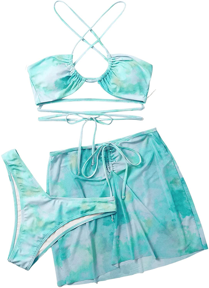 SOLY HUX Women'S Tie Dye Wrap Bikini Bathing Suits with Mesh Beach Skirt 3 Piece Swimsuits Apparel & Accessories > Clothing > Underwear & Socks > Lingerie KYLIE MAX Tie Dye Light Green Large 