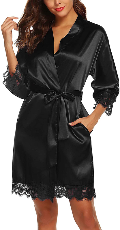 URRU Women'S Satin Silk Bathrobe Oblique V-Neck Short Kimono Robe Bridesmaids Robe S-XXXL Apparel & Accessories > Clothing > Sleepwear & Loungewear > Robes KYLIE MAX Black X-Large 